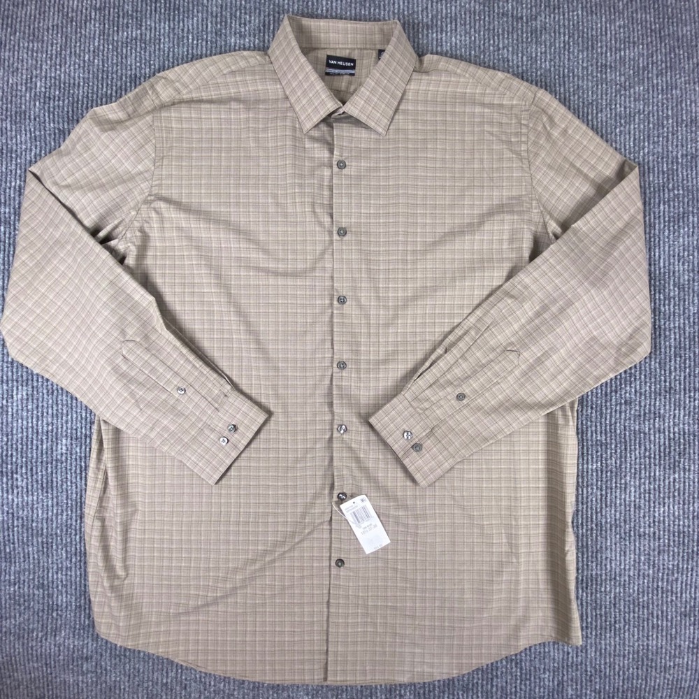 Van Heusen Dress Shirt Mens 18.5 37/38 Tan Blue Plaid Tall Fit Stretch NEW